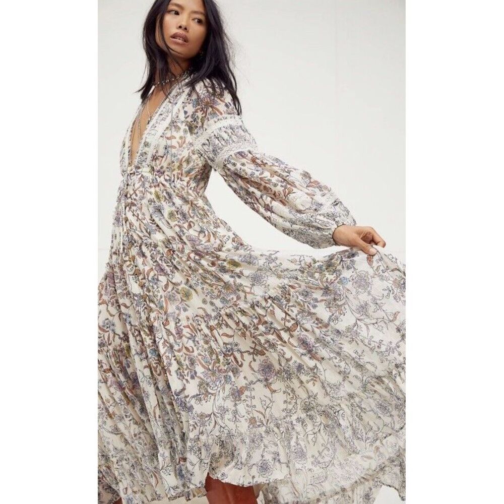 Free People Floral Maxi Dress - Cream and Brown